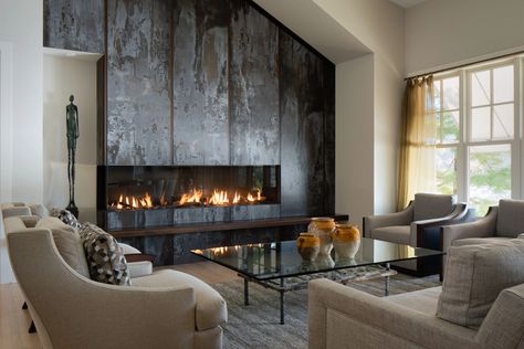 Multi-Sided Fireplace Design on Lake Minnetonka Electric Linear Fireplace, Restaurant Fireplace, Fireplace Showroom, Sleek Fireplace, House Upgrades, Masonry Fireplace, Linear Fireplace, Traditional Fireplace, Fireplace Remodel