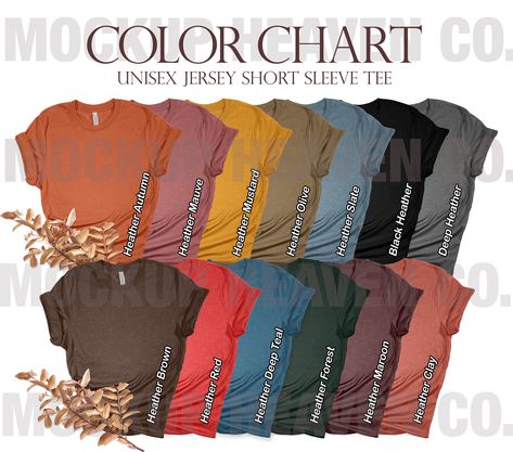 Bella Canvas 3001 Color Chart | Fall Colors CVC Heathers Collection | Fall Autumn Theme | T-shirt Mockup Color Chart | Print On Demand https://etsy.me/3z54Z7b #beige #bellacanvas3001 #sizechart #colorchart #tshirtsizechart #mockup #flatlaymockup #womensmockup #bellacan Homemade Shirts, Fall Tee, Deep Teal, Star Work, Color Chart, Shirt Mockup, Autumn Theme, Bella Canvas, Unisex Shirt