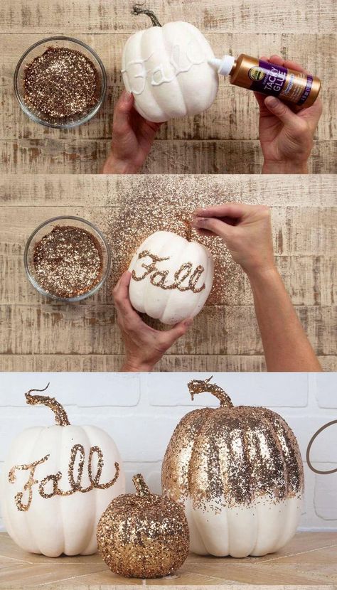 50+ Best no carve Pumpkin decorating ideas. Make easy Halloween crafts for kids & adults, & creative fall & Thanksgiving decor with pumpkins! - – A Piece of Rainbow, decorations, arts & crafts, autumn, farmhouse, animals, Disney, nature, boho, decoupage, painting, painted No Carve Pumpkin Decorating, Diy Halloween Decor, Diy Glitter, Glitter Pumpkins, Fall Thanksgiving Decor, Fall Deco, Fall Halloween Crafts, Fall Crafts Diy, Glitter Diy