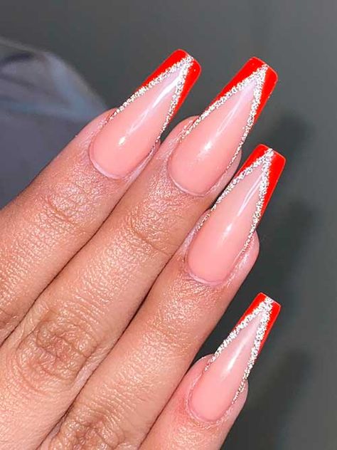 V French Red and Silver Nails Red French V Tip Nails, Vtip French Nails Coffin Red, Red And White French Tip Nails Coffin, Red V Shape French Tip Nails, V French Nails Square, Red Nails With Christmas Design, Red French Tip With Silver Line, Nails To Go With A Red Prom Dress, Red V Nails