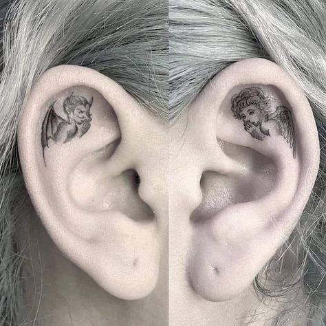 In Ear Tattoo, Whispering In Ear, Small Face Tattoos, Angel Devil Tattoo, Gangsta Tattoos, Devil Tattoo, Sick Tattoo, Neck Tattoo For Guys, Sketch Tattoo