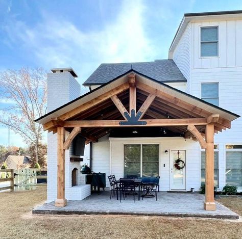 40 Trendy Covered Patio Ideas on A Budget - Blitsy Back Porch Metal Roof, Roof Over Patio Ideas, Patio Decks On A Budget, Barndominium Covered Patio, Paver Patio With Covered Porch, Patio Covering Ideas Diy, Tin Roof Patio Ideas, Backyard Attached Covered Patio, Backyard Detached Patio