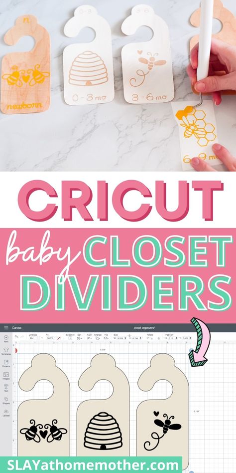 Organize your baby's closet with these easy DIY baby closet dividers! Perfect for organizing baby clothes into size groups, with helpful screenshots and a full step-by-step tutorial! #slayathomemother #cricut #cricutcrafts #cricutcreated #cricutcrafts #nursery #nurserycloset #closetorganization #diycrafts Baby Size Closet Dividers, Cricut New Parents, Baby Stuff Cricut, Cricut Projects Nursery, Cricut Toddler Projects, Cricut Newborn Projects, Baby Girl Cricut Ideas, Baby Cricut Ideas, Cricut Clothing Projects