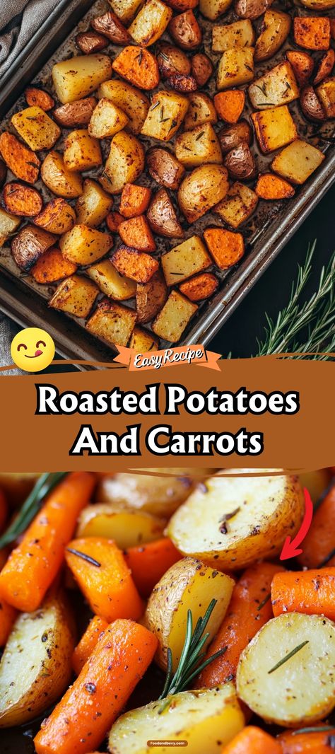 Roasted Potatoes and Carrots bring a deliciously rustic and sweet flavor to your plate, enhanced by a hint of rosemary and thyme. This classic combination, roasted until golden and tender, makes for a comforting side dish that complements any main course. #RoastedVegetables #ComfortFood #FamilyDinner Roasted Small Potatoes And Carrots, Christmas Dinner Ideas Potatoes, Roasting Potatoes And Carrots In Oven, Oven Roasted Potatoes And Carrots Easy, Oven Baked Potatoes And Carrots, Roasted Potatoes And Carrots Recipe, Honey Bacon Roasted Potatoes Recipe, Roasted Red Potatoes And Brussel Sprouts, Roasted Potato Medley