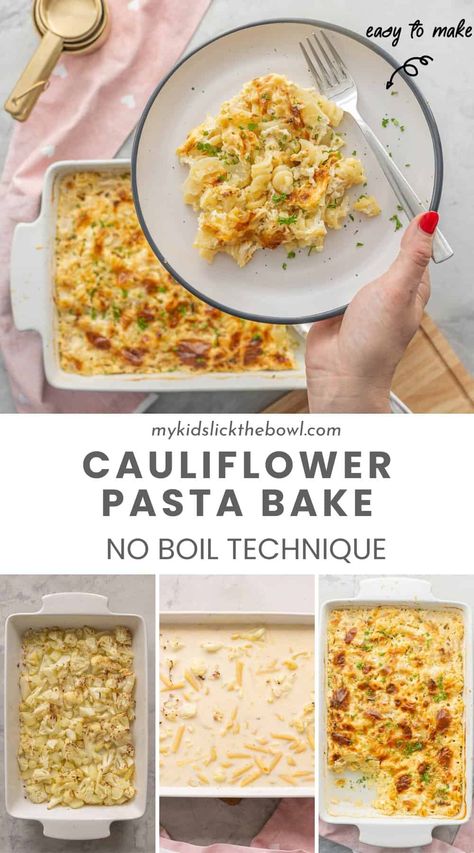 Cauliflower Pasta Bake, Cauliflower Pasta Recipes, Boil Cauliflower, Cauliflower Pasta, Cauliflower Fritters, One Pan Meal, Chicken Pasta Bake, One Pan Dinner, Roasted Onions