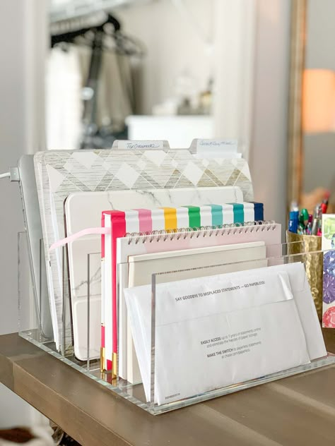 Snack Around the Plate | Kelley Nan Organized Paperwork Aesthetic, Organised Office Desk, Desk Organization Amazon, Office Desk Organisation, Acrylic Desk Organization, How To Organize Stationary, Desk Risers Ideas, File Organization Ideas Office, Acrylic Organizer Ideas