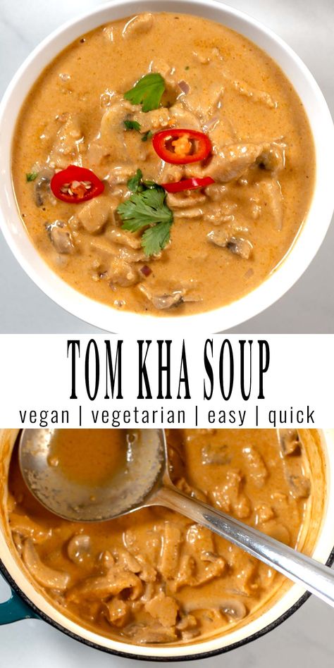 This vegetarian Tom Kha Soup is a twist on a classic Thai favorite. An aromatic and coconut-infused delight that brings together the rich flavors of traditional Tom Kha with a plant-based twist that promises to tantalize your taste buds. This simple and vibrant soup is perfect for those looking to explore the world of Thai food without sacrificing flavor. #contentednesscooking #thaisoup #vegan #vegetarian #tomkha Tom Kha Soup Recipe, Thai Soup Recipes, Tom Kha Soup, Tom Kha, Vegan Chicken, Vegan Fish, Vegan Soups, Vegan Comfort Food, Vegetarian Soup