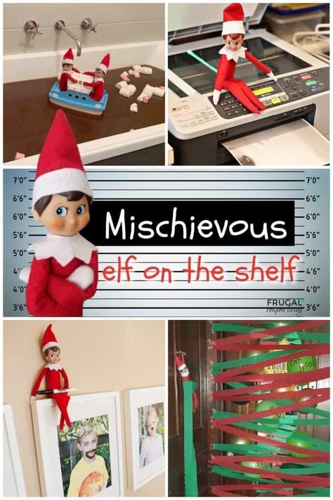 Do you have an elf that loves a little mischief and antics? This elf might just get in trouble but of course he is watching for your child to be nice. Foolish, Outrageous, & Amusing Fun! Enjoy these Mischievous Elf on the Shelf Ideas. A little naughty, but mostly humorous nice! New Elf on the Shelf ideas daily plus free Elf on the Shelf printables. #FrugalCouponLiving #ElfontheShelf #ElfontheShelfIdeas #ElfIdeas #funnyelfideas #funnyelfontheshelf #ElfonaShelf #ScoutElfIdeas Elf On The Shelf Returns Ideas Easy, Hot Coco Elf On The Shelf Ideas, Elf On The Shelf For Misbehaving Kids, Bad Elves On The Shelf, Elf On The Shelf Ideas With Fake Snow, Mexican Elf On The Shelf Ideas, Elf On The Shelf Artic Fox Arrival, Elf On The Shelf Tasks For Kids, Mirror Elf On The Shelf Ideas