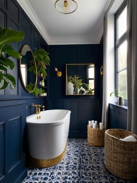 10 Captivating Navy Bathroom Ideas - Homezillo Navy Bathroom Ideas, Bathroom Navy, Navy Bathroom, 1920s Design, Porthole Mirror, Tiny Laundry Rooms, Laundry Room Flooring, Tiles Ideas, Modern Laundry Rooms