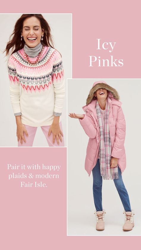 Icy pink. Pair it with happy plaids & modern Fair Isle. | Talbots Winter 2019 Icy Pink Outfit, Modern Fair Isle, Deep Winter Palette Outfits, Hoc Winter, Bright Winter Outfits, True Winter Color Palette, Talbots Outfits, Cool Winter Color Palette, Deep Winter Palette