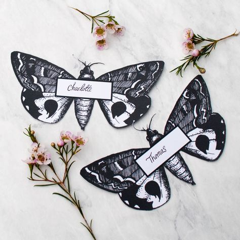 Personalised Moth Wedding Place Cards Moth Wedding, Elegant Engagement Party, Personalized Place Cards, Wedding Vow Books, Personalized Engagement Gifts, Pumpkin Stickers, Butterfly Wedding, Engagement Party Decorations, Wedding Place