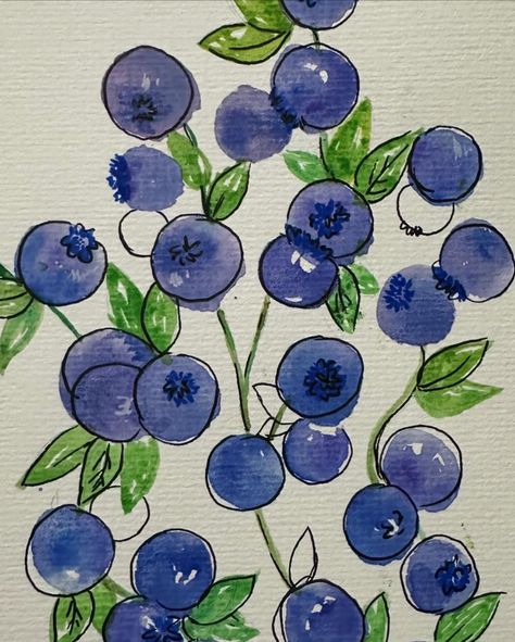 Watercolor Art Blueberry, Blueberry Watercolor Painting, How To Paint Blueberries, Water Coloring Painting Ideas Simple, Drawing Ideas Watercolor Easy, Blueberry Painting Easy, Easy Painting Ideas Watercolors, Cute Watercolour Ideas, Watercolour Ideas Easy