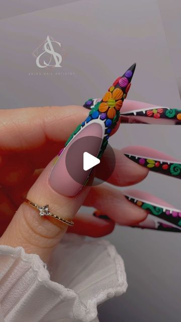 Mexican Nails Designs Acrylic, Mexican Flower Nails, Mexican Tile Nails, Barro Nails Mexican, Charro Nails, Mexico Inspired Nails, Mexican Inspired Nails Mexico, Mexican Style Nails, Mexican Nail Art