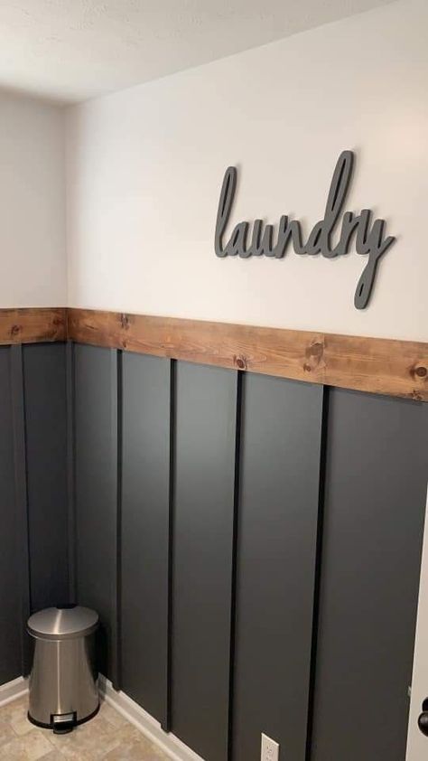 Dark Interior Paint Ideas, Laundry Room With Wood Paneling, Sage Green And Black Laundry Room, Laundry Accent Wall Ideas, Black Slat Wall Bathroom, Rustic Modern Accent Wall, Black Wainscoting Kitchen, Wood Accent Wall Laundry Room, Painted Beadboard Walls Living Room