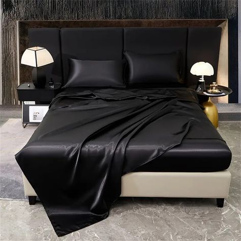 Black Satin Sheets Bedroom, Silk Bed Sheets Aesthetic, Silk Bed Set, Night Sweat, Silk Sheet Set, Silk Duvet, Silk Bed Sheets, Silk Pillow Case, Silk Bed