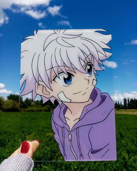 Anime Character Glass Painting, Hunter X Hunter Glass Painting, Glass Art Painting Aesthetic, Anime Glass Art Painting, Glass Paintings Anime, Painting On Glass Sheet, Glass Anime Painting, Glass Sheet Painting, Killua Glass Painting