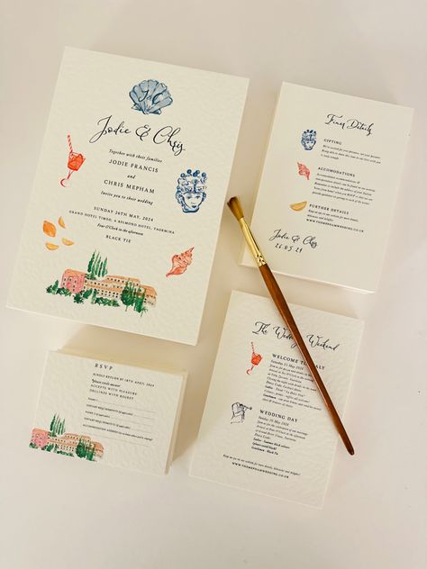 A beautiful collaboration with Ten Story Stationery and Natasha Howie, Artist. This suite is perfect if you wanting something truly unique. Included in this suite is 5x hand painted water colour illustrations. Every water colour illustrations you see in this example must be swapped with paintings of your choice to tie in with your wedding. You must add these to your cart separately if you purchasing this suite. Weekend Wedding Invitations, Hand Painted Wedding Invites, Destination Wedding Invitation Suite, Hand Painted Stationary, Hand Painted Wedding Stationery, Watercolor Wedding Stationery, Spring Wedding Save The Date, Wedding Invitations Colourful, Colourful Wedding Invitations