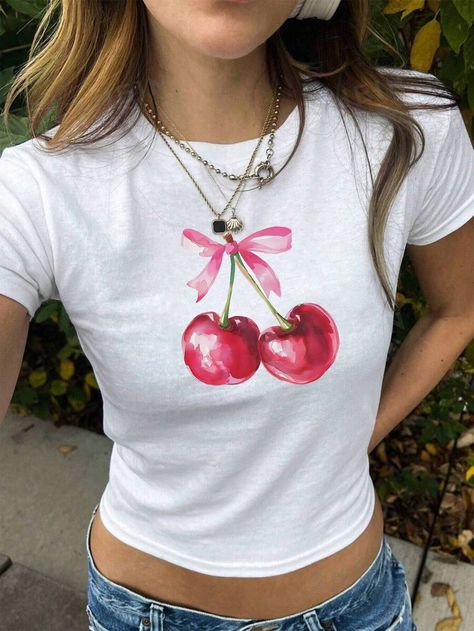 SHEIN EZwear Cherry Print Round Neck Women's T-Shirt, SummerI discovered amazing products on SHEIN.com, come check them out! Baby Tees 90s, Y2k Shorts, Baby Tees Y2k, Aesthetic T Shirts, Top Streetwear, 90s Streetwear, Cherry Print, Cute Crop Tops, Baby T Shirts