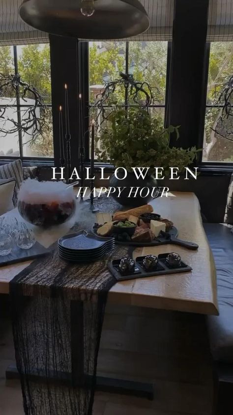 Spooky Dinner Ideas Parties Food, Halloween Food Elegant, Andee Layne Halloween, Halloween Party Kitchen Island Decor, Classy Spooky Halloween Decor, Halloween Dinner Party Table Decor, Spooky Dinner Party Decor, Haunted House Warming Party, Crate And Barrel Halloween