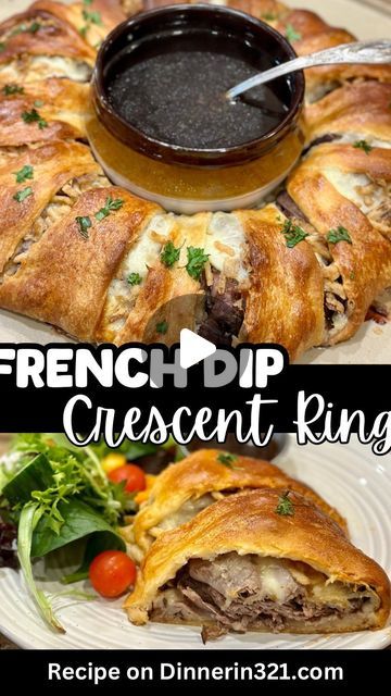 Laura Ashley Johnson RDN CDE on Instagram: "🍽️😁French Dip Crescent Ring😁🍽️
RECIPE on dinnerin321.com or type “RECIPE” and I’II send you a direct link (check your inbox/message requests)

#frenchdip #frenchdipsandwich #sandwichring #ring #crescentroll #crescentrolls #entertaining #football #footballparty #footballfood #tailgating #tailgatingfood #partytime #roastbeef #swiss #makedinner #sodelicious #holidays #party" Football Party Dinner Ideas, French Foods For Party, French Dip Crescent Roll Ring, Football Lunch Ideas, Recipes With French Bread, Easy Gameday Food Football, Italian Sandwich Crescent Ring, Cresent Roll French Dip Ring, French Dip Crescent Ring