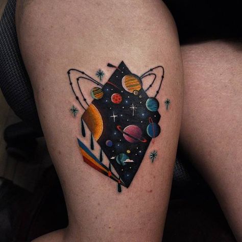 Solar systems planets and other stars in a rhombus tattoo inked on the right thigh Astronomy Tattoo, Tattoo Zone, Cosmic Tattoo, Sky Tattoos, Solar System Tattoo, Planet Tattoos, Galaxy Tattoo, Landscape Tattoo, Fresh Tattoo