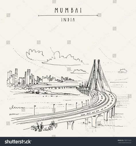 Bandra-Worli Sealink (Rajiv Gandhi Sea Link), a cable-stayed vehicular bridge in Mumbai (Bombay), India. Cityscape sketch. Travel art. Vintage hand drawn postcard in vectorcable#Link#stayed#bridge Mumbai Drawing Art, Travel Illustration Drawing, Mumbai City Sketch, Mumbai Sketch Art, Mumbai City Doodle Art, Mumbai Skyline Sketch, Mumbai City Drawing, Mumbai Doodle Art, Mumbai Illustration Art