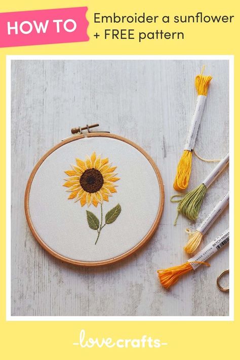 In hand embroidery any season can be sunflower season. This free sunflower embroidery pattern by Amina aka Stitch Floral, is sunshine on earth! Designed in bright shades of Paintbox Crafts Stranded Cotton, you can stitch your own embroidery sunflower in just 8 easy steps. Sunflower Embroidery Tutorial, Sunflower Embroidery, Pdf Embroidery Pattern, Long And Short Stitch, Lazy Daisy Stitch, Wooden Embroidery Hoops, Floral Embroidery Patterns, Stitching Techniques, Embroidery Tutorial