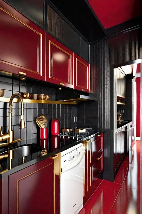 Experiment with this precise design and furniture in your own area using AI HomeDesign with just one simple click!Red, Black, Gold, Kitchen, Luxury, Bespoke, Accents, Color scheme, Crimson, Palette, Shining, Design, Colour, Scheme, Room#KitchenDesign #RedBlackGold #LuxuryKitchen #InteriorDesign #ColorScheme #BespokeDesign #GoldAccents #CrimsonBlack #AIHomeDesign #HomeDecor Kitchen Design Red And Black, Red Kitchen Interior, Kitchen Decor Red Accents, Red Fridge Kitchen Design, Black Red Kitchen, Red And Black House Decor, Red Kitchen Aesthetic, Luxury Color Scheme, Red And White Kitchen Ideas