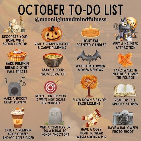 🧡 Which of these are you checking off this month? Here’s what I’ve already done: 🕸️ Decorate home with spooky decor. ☕️ Enjoy a pumpkin spice coffee. 🧦 Have a cozy night in, wear warm socks and PJs. 🍁 Take walks in nature and admire the foliage. 🍂 Slow down and savor each moment. 🕯️ Light fall scented candles. 🦇 Watch Halloween movies and shows. 🎉 Get ready to celebrate my birthday on the 9th (not on the list, but still very important 😉) That’s 7 out of 16 things, 8 if you add my birthday. ... Walks In Nature, Fall Scented Candles, Light Fall, Decorate Home, Fall Candle Scents, Spice Coffee, Spooky Stories, Halloween Traditions, Pumpkin Spice Coffee