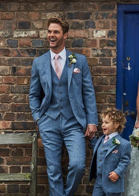 Model wearing a sky blue tweed three-piece wedding suit Blue Tweed Wedding Suits, Tweed Groom, Groom Blue Suit, Tweed Wedding, Wedding April, Suits Groom, Tweed Wedding Suits, Tweed Outfit, Blue Suit Wedding