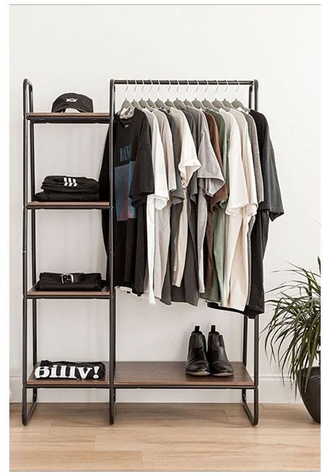 Clothing Rack Bedroom, Mens Bedroom Decor, Hanging Wardrobe, Open Wardrobe, Shelves White, No Closet Solutions, Open Closet, Brown Kitchen, Decor Studio