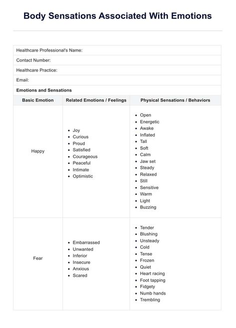 Enhance emotional awareness and improve coping skills with our Body Sensations Associated With Emotions PDF template. Download now! Body Sensations, Psychology Resources, Grounding Techniques, Autonomic Nervous System, Practice Management, Counseling Resources, Emotional Awareness, Different Emotions, Nursing Notes