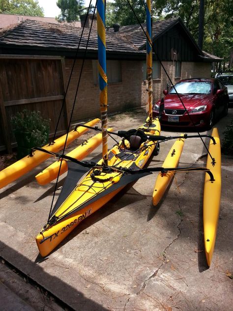 Kayak with outriggers Hobie Adventure Island, Hobie Tandem Island, Kayak Diy Mods, Kayak Lights, Sailing Kayak, Kayak Outriggers, Hobie Kayak, Best Fishing Kayak, Angler Kayak