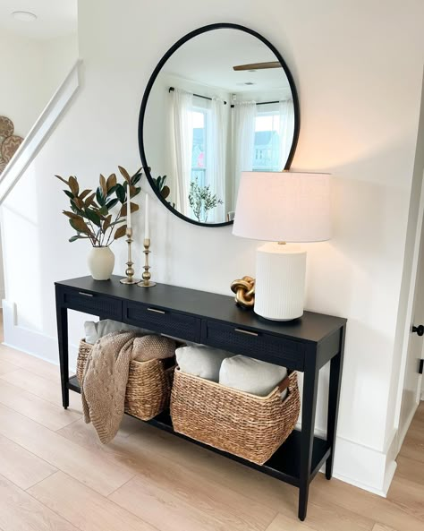 Black Console Table Decor, Black Entryway Table, Hallway Table Decor, Feature Wall Ideas, Target Decor, Black Feature Wall, Decor Appliances, Entry Table Decor, Black Console Table