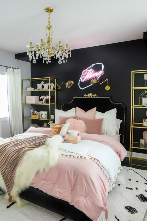 10+ Dreamy Basement Bedroom Ideas to Transform Your Space - Vividly Aesthetic Channel Bedroom Ideas, Teen Room Wallpaper Accent Wall, Gold And Black Room Ideas, Pink Gold Black Bedroom, Black Gold And Pink Bedroom, Black And Pink Interior Design, Black Pink Gold Bedroom, Black Pink And Gold Bedroom, Teen Accent Wall Bedroom