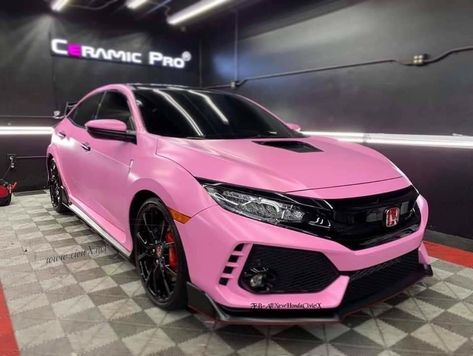 Black And Pink Honda Civic, Pink Honda Civic Type R, Pink Car Wrap Design, Honda Civic Wrapped, Wrapped Honda Civic, Pink Civic, Pink Honda Civic, Trd Camry, Pink Honda