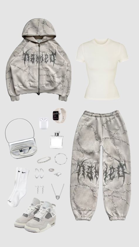 #outfitinspo #namedcillective #jordan4 #silverjewellery #outfit Fits With Jordans, Jordan 4 Outfit, 4s Outfit, Outfit Shuffles, Bff Matching Outfits, Looks Rihanna, Street Style Outfits Casual, Pretty Sneakers, Outfit Inspo Casual