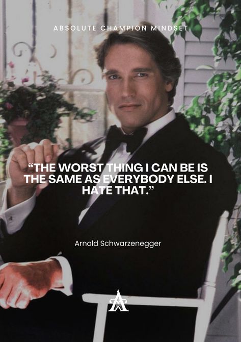 “The worst thing I can be is the same as everybody else. I hate that.” - Arnold Schwarzenegger Follow us for more daily quotes and inspirational videos @absolutechampionmindset #arnold #gym #motivationalquote #dailyquotes #motivation #inspiration #success #quote #quotes #motivationalquotes #dailymotivation #lifemotivation Arnold Quotes, Arnold Gym, Schwarzenegger Quotes, Arnold Schwarzenegger Quotes, Success Quote, Bodybuilding Motivation Quotes, Arnold Schwarzenegger, Bodybuilding Motivation, Inspirational Videos