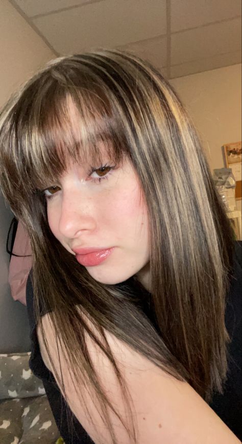 Bangs With Layers And Highlights, Highlights And Bangs Brunettes, Fringe Bangs With Highlights, Highlights In Bangs Only, Brunette Highlights With Bangs, Caramel Highlights With Bangs, Blonde Highlights On Dark Hair With Bangs, Highlighted Hair With Bangs, Brown Highlights With Bangs