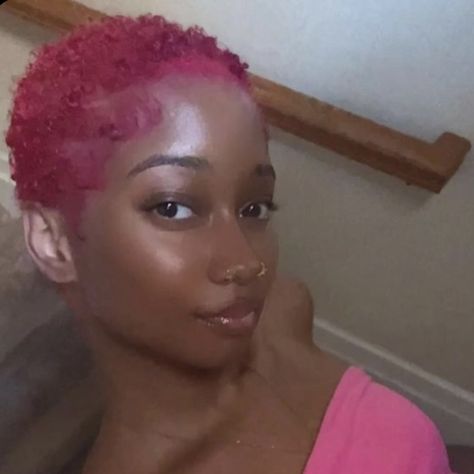 Pink Twa Natural Hair, Short Pink Hair Black Women, Hot Pink Hair Black Women, Colored Short Hair Black Women, Short Colored Hair Black Women, Dyed Short Natural Hair, Dyed Short Hair, Pink Hair Black Women, Pink Natural Hair