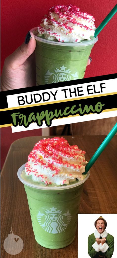 How to order the Buddy The Elf Frappuccino at Starbucks! #buddytheelf #frappuccino #starbuckssecretmenu #starbucks #starbucksdrinks Frappuccino Starbucks, Starbucks Holiday Drinks, Peppermint Syrup, Starbucks Drinks Diy, Secret Starbucks Recipes, Iced Starbucks Drinks, Secret Starbucks Drinks, Starbucks Secret Menu Drinks, Starbucks Coffee Drinks