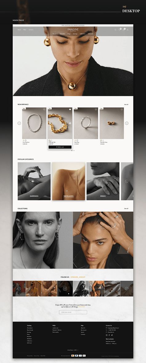 The site is made in a minimalist style, using high-quality photos. Free white space creates an elegant and prestigious atmosphere, improves focus on products, provides convenient navigation and a positive user experience. Minimalist Ui Design, Jewelry Graphic Design, E Commerce Web Design, Jewelry Website Design, E Commerce Website Design, Corporate Website Design, Figma Design, Accessories Website, Modern Website Design