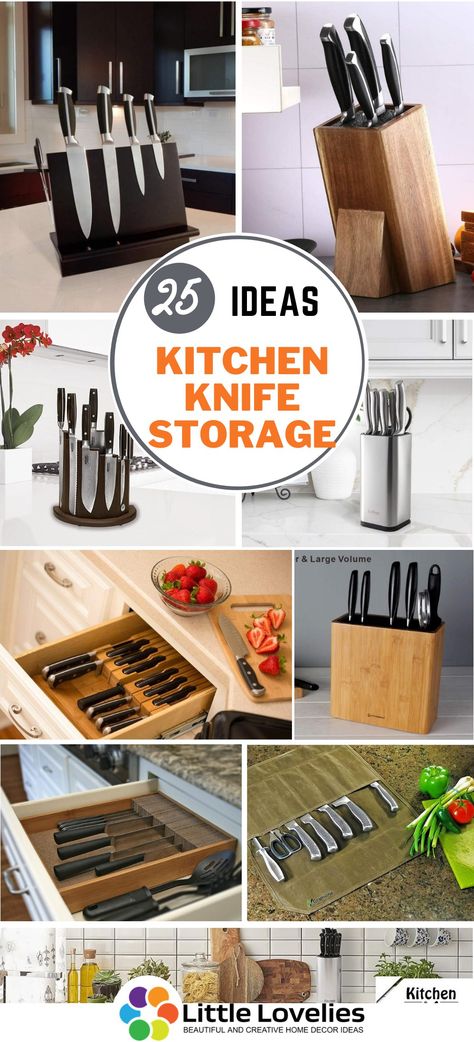 Storing your kitchen knives with the ideas listed in this article keeps you and your family safe from knife hazards, it also adds beauty to the kitchen.  We have listed for you 25 of the best Kitchen knife storage ideas that would probably amaze you. Knife Storing Ideas, Kitchen Organization Knifes, Knife Holders For Kitchen, Kitchen Knives Storage Ideas, Kitchen Knife Holder Ideas, How To Store Knives, Knives On Kitchen Counter, Store Knives In Kitchen, Knife Storage Diy