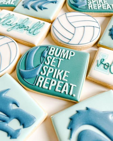 Megan Kelley on Instagram: "So honored to have made these for LCHS Volleyball banquet.   #volleyballcookies #cookiesofidaho #idahocookier #cookiesofcda #decoratedcookies #cookiesofinstagram #batteranddough" Volleyball Birthday Cookies, Volleyball Royal Icing Cookies, Volleyball Decorated Cookies, Volleyball Cookies Royal Icing, Cheer Cookies Decorated, Volleyball Banquet Ideas, Volleyball Cookies, Volleyball Banquet, Tiger Cookies