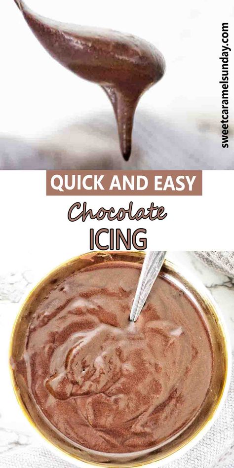 Chocolate icing bing dripped from spoon above white bowl of the same. Easy Icing For Chocolate Cake, Simple Chocolate Icing 3 Ingredients, Light Chocolate Frosting Recipe, Home Made Chocolate Icing, Homemade Chocolate Icing For Cake, Brownie Icing Easy, Chocolate Icing Recipe Easy 3 Ingredients, Homemade Chocolate Cake Icing, Cooked Chocolate Icing Old Fashioned