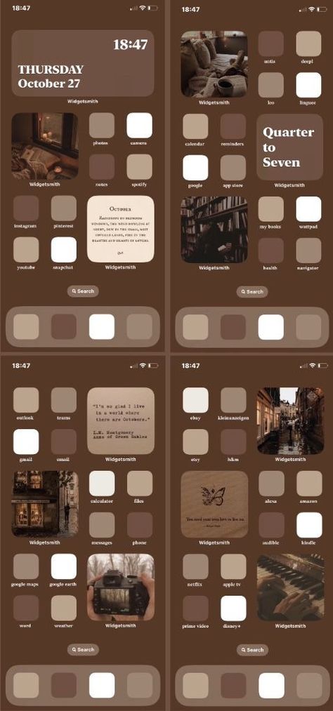 Dark Autumn Aesthetic Wallpaper Iphone, Dark Academia Ios 16 Wallpaper, September Phone Theme, Cozy Iphone Layout, Brown Aesthetic Ios 16, Fall Theme Phone Ideas, Fall App Widgets Aesthetic, Dark Academia Aesthetic Homescreen, Dark Academia Homescreen Layout