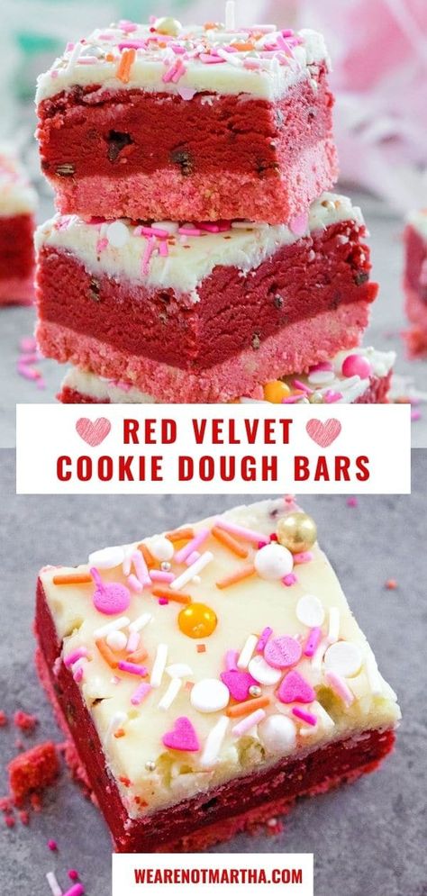 These Red Velvet Cookie Dough Bars are a party favorite... they're perfect for Valentine's Day, but are a yummy dessert for any occasion! | wearenotmartha.com Valentine’s Day’s Desserts, Valentine No Bake Desserts, Valentine’s Day Deserts Easy, Valentine’s Sweet Treats, Red Velvet Cookie Dough Bars, Valentines Day Cookie Bars, Valentine Dessert Bar Ideas, Bake Off Dessert Ideas, Valentine Bars Desserts