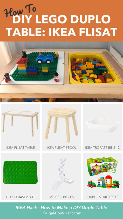 Here's an IKEA Hack on how to make a Duplo LEGO table with the IKEA Flisat table, baseplate and velcro. Great for toddlers, and easy to upgrade base later! Lego Duplo Table, Duplo Table, Ikea Trofast Bins, Diy Lego Table, Lego Table Ikea, Ikea Flisat Table, Lego Table Diy, Flisat Table, Ikea Flisat