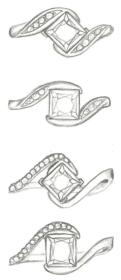 Mark Schneider Design - Princess cut diamond Whirlwind and Captivate Ring Sketch, Jewel Drawing, Jewelry Rendering, Diamond Princess, Art Jewelry Design, Jewellery Design Sketches, Jewelry Illustration, Jewelry Design Drawing, Jewelry Drawing