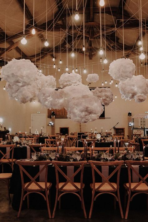 Paris Prom Theme, Starry Night Wedding Theme, Starry Night Prom, Ceiling Room, Prom Planning, Hanging Clouds, Cloud Theme, Starry Night Wedding, Prom Themes